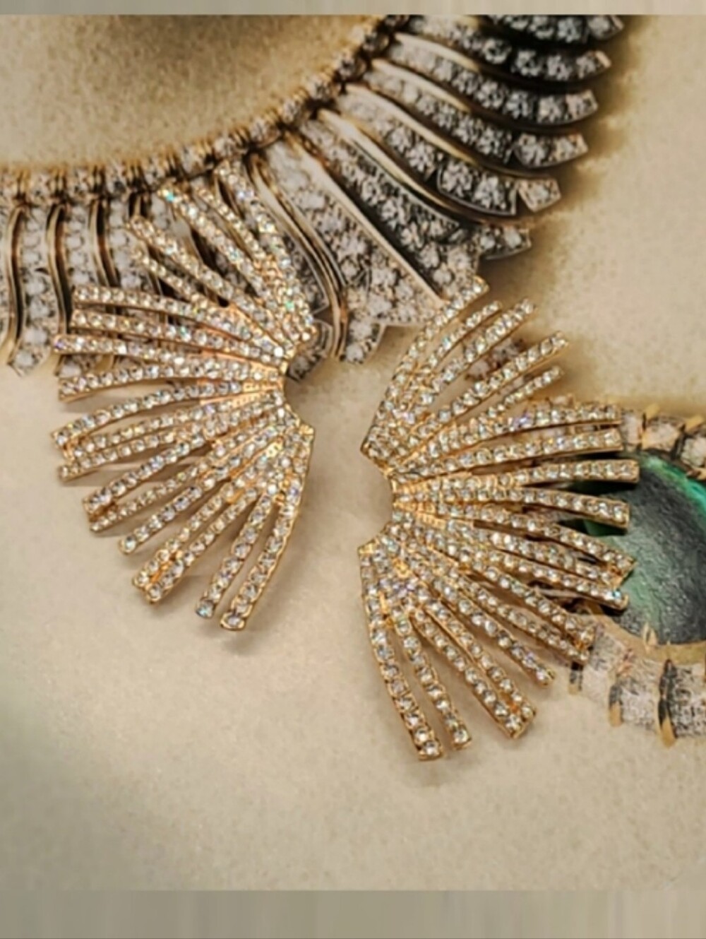 Vintage Large 80s 90s Crystal Encrusted Starburst Fan Gold Statement Earrings